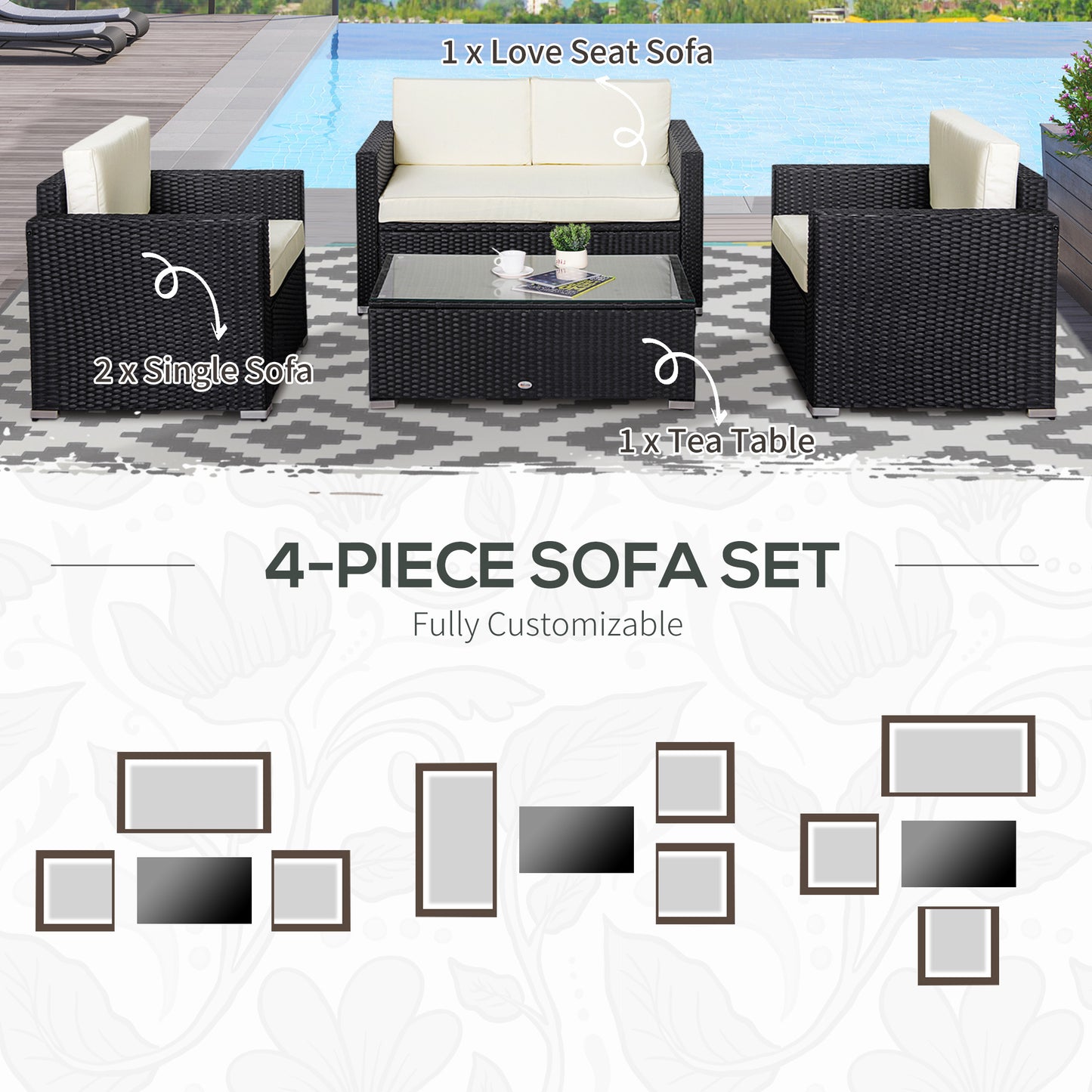 Outsunny 4 Pieces Outdoor Wicker Rattan Sofa Set with Cushions, Luxury Sectional, Coffee Color