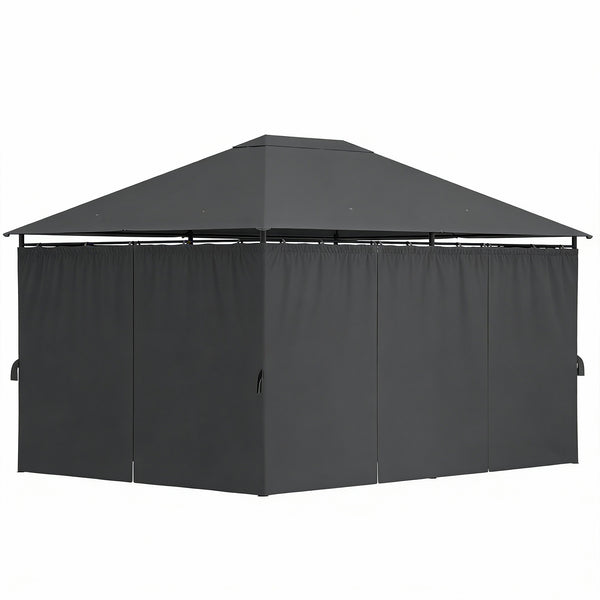 13'x 10' Soft-top Steel Patio Gazebo Canopy Party Tent with 6 Removable Curtains and Drainage Holes, Dark Gray