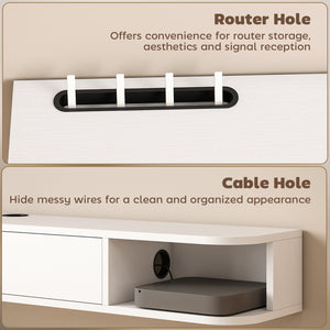 Floating wall-mounted TV unit for TVs up to 60 inches, with a drop-down drawer and 2 open shelves, white