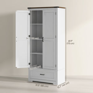 Country style pantry cabinet with 2 doors, drawer and adjustable shelves, white