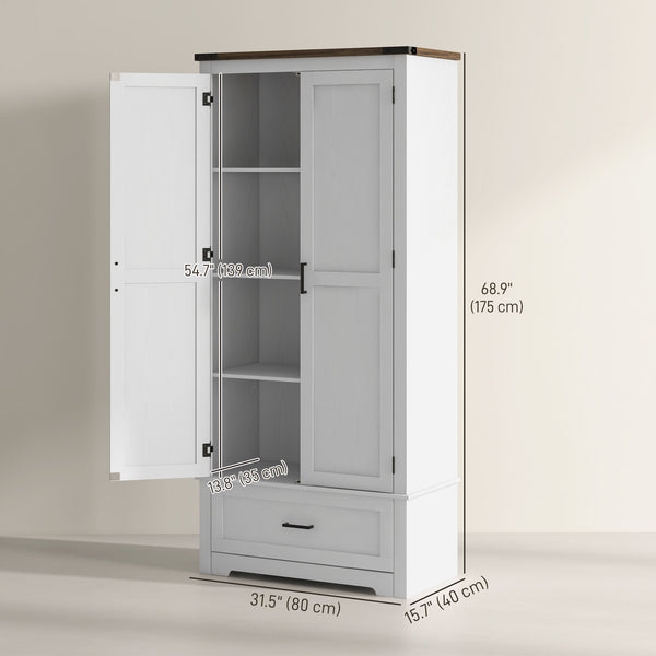 Country style pantry cabinet with 2 doors, drawer and adjustable shelves, white