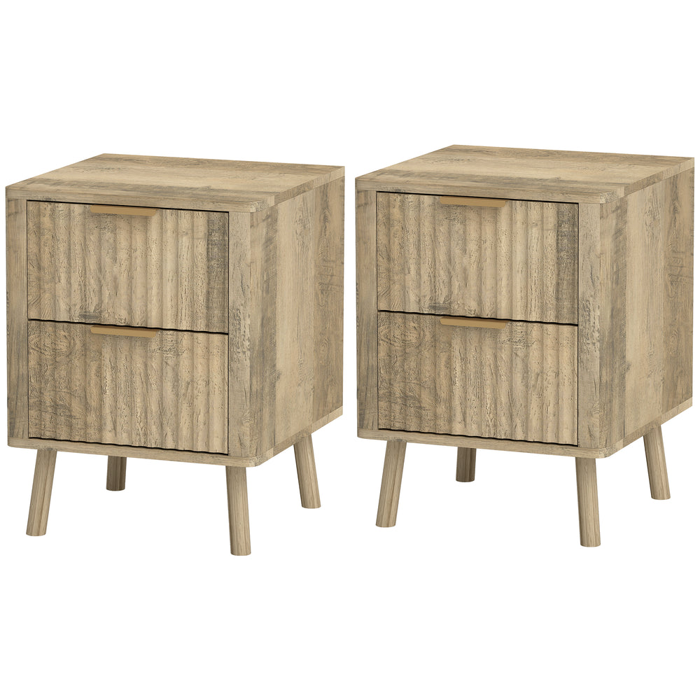 Ensemble de 2 tables de chevet avec poignées et tiroirs cannelés, effet chêne