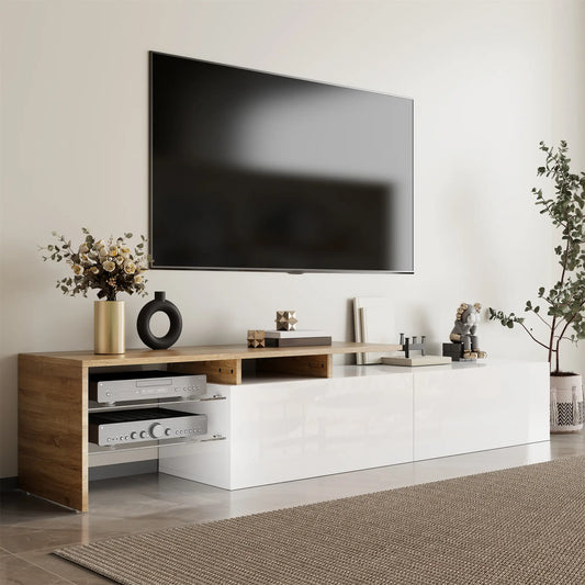 Meuble TV moderne avec étagères en verre et éclairage LED, blanc et naturel