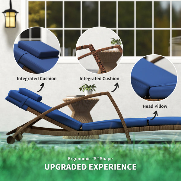 Lot de 2 chaises longues d'extérieur en osier avec dossier réglable sur 5 niveaux, roulettes, coussin et accoudoirs, bleu