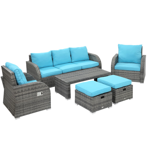 6 Pieces Patio Furniture Set, Conversation Set Wicker Sectional Set Cushioned Outdoor Rattan 3-Seat Sofa, 2 Adjustable Recliners, 2 Footstools & Table Set for Lawn Garden Backyard, Sky Blue