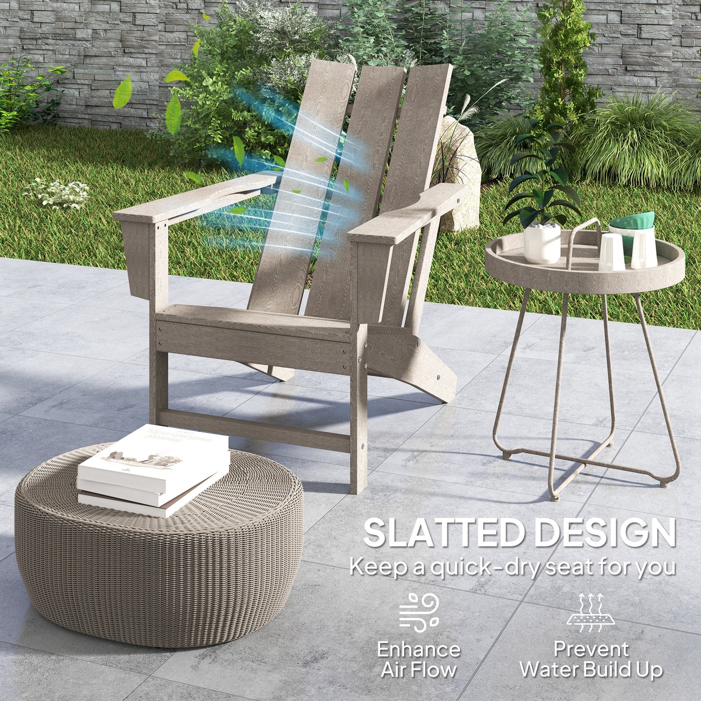 Chaise Adirondack en plastique avec dossier haut et larges accoudoirs, gris foncé