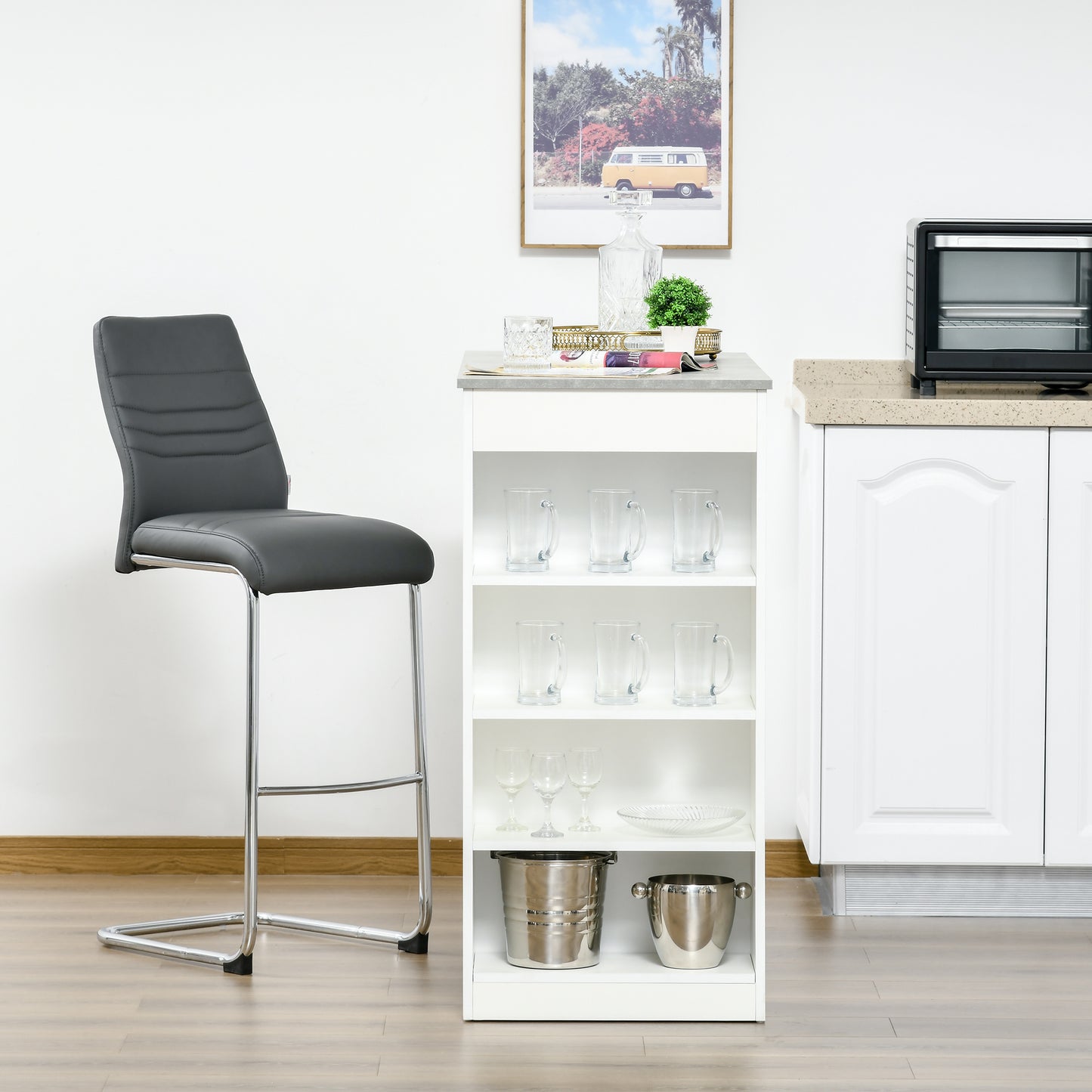 Table de bar avec 4 étagères de rangement, table de bar moderne pour la maison, la cuisine, grise