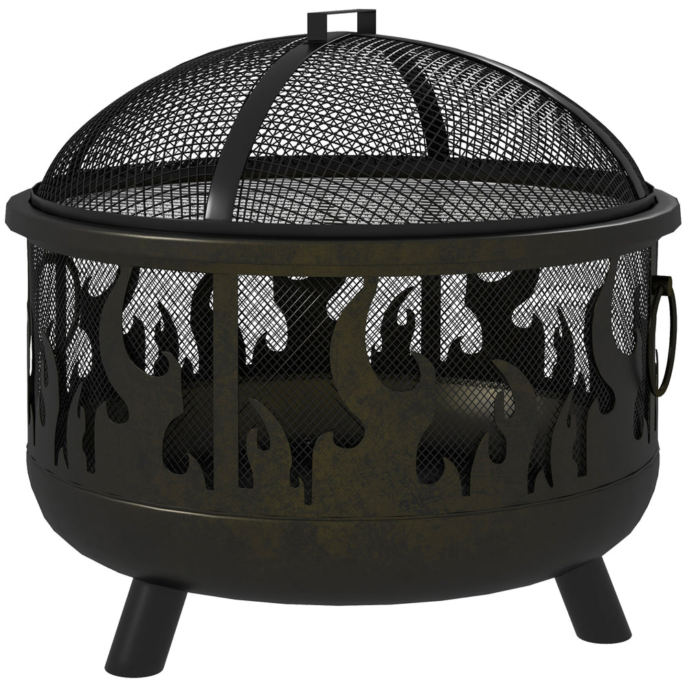 Foyer d'extérieur en métal rond de 61 cm avec couvercle et poignées de barbecue pour jardin, camping, barbecue, feu de joie, noir