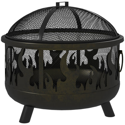 Foyer d'extérieur en métal rond de 61 cm avec couvercle et poignées de barbecue pour jardin, camping, barbecue, feu de joie, noir