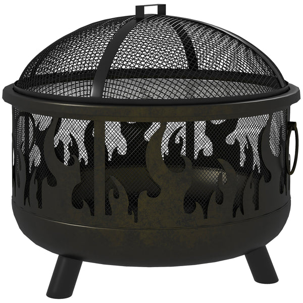 Foyer d'extérieur en métal rond de 61 cm avec couvercle et poignées de barbecue pour jardin, camping, barbecue, feu de joie, noir