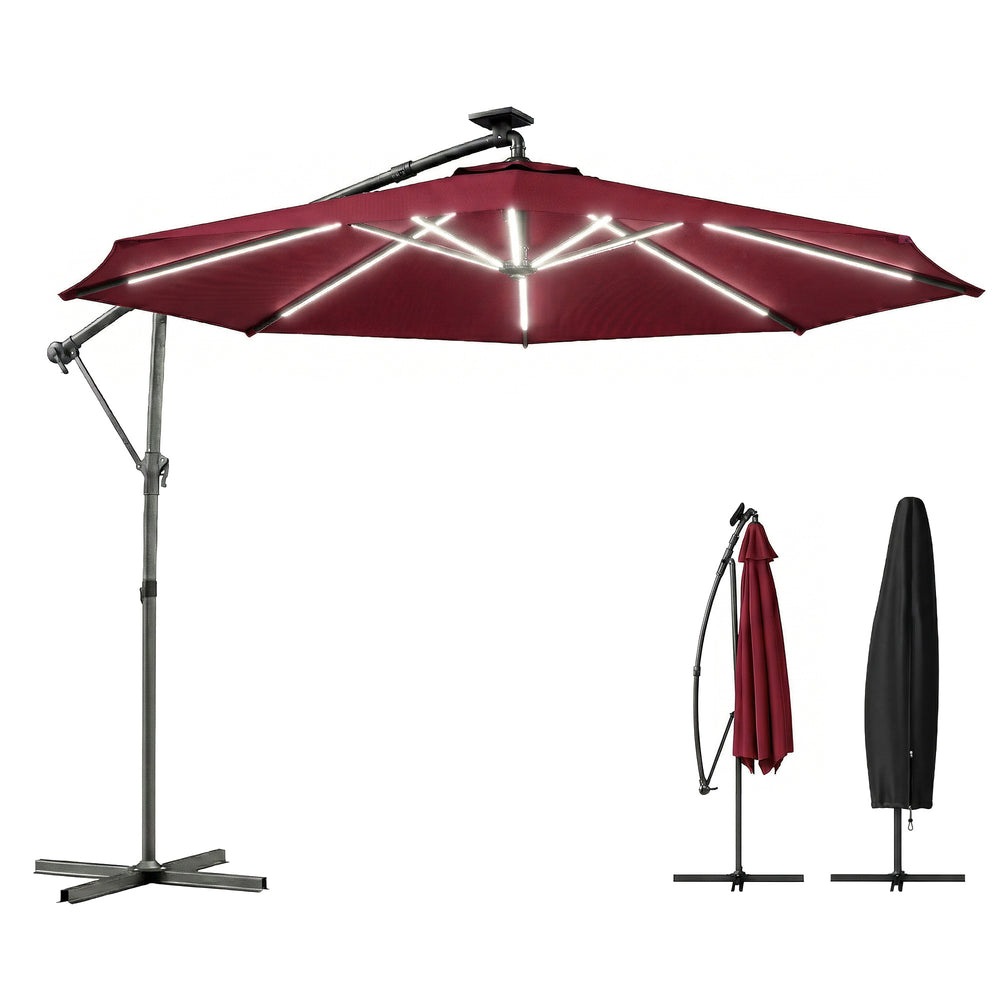 3m Cantilever Parasol with Solar LED Lighting, 360° Rotation, Tilt and Protective Cover, Burgundy