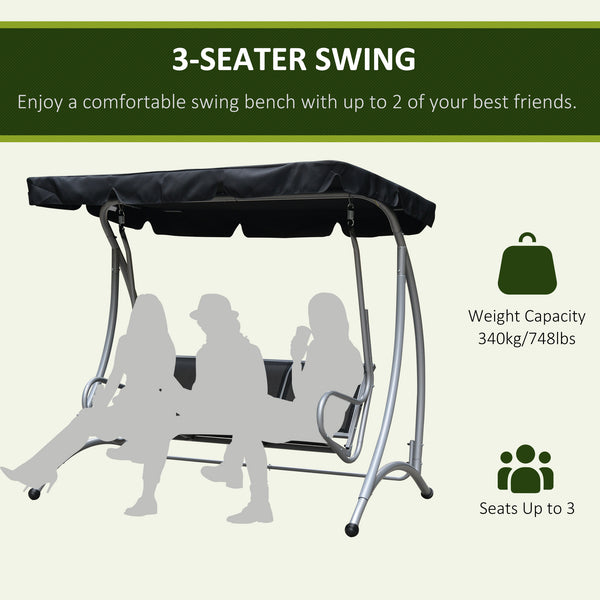 3-Seater Outdoor Swing Chair Bench with Adjustable Canopy, Black