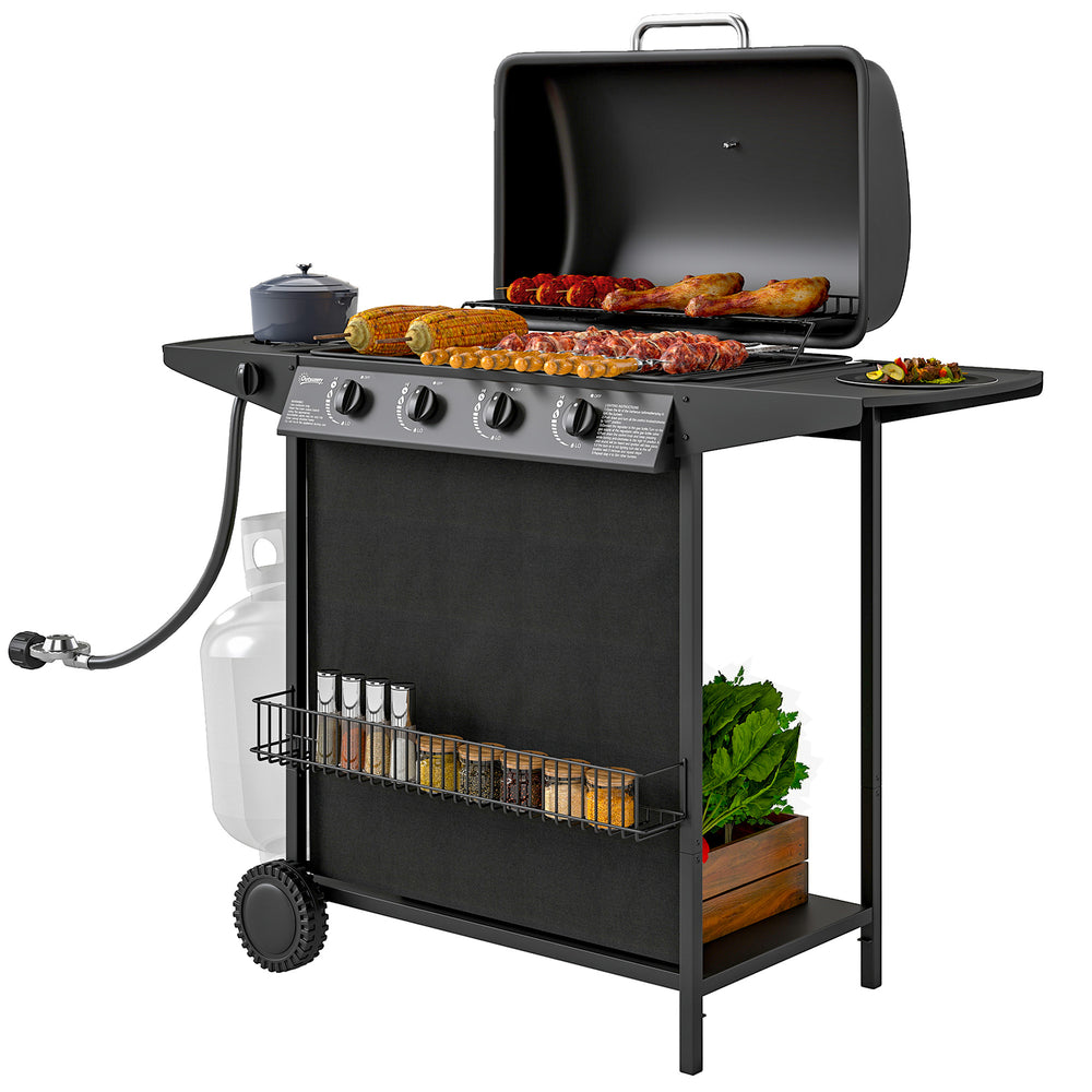 Barbecue à gaz propane 4 brûleurs avec brûleur latéral, thermomètre, noir