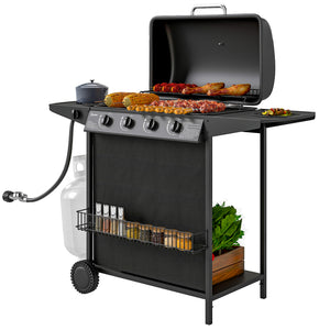 4-burner propane gas barbecue with side burner, thermometer, black