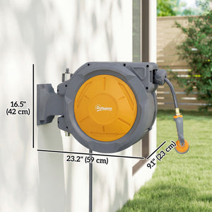 Enrouleur de tuyau d'arrosage mural rétractable, orange.