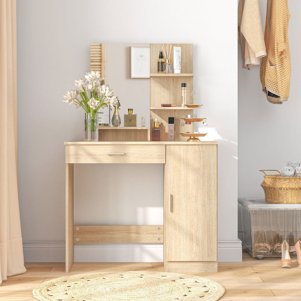 Coiffeuse avec miroir, tiroir et compartiment ouvert, bois naturel
