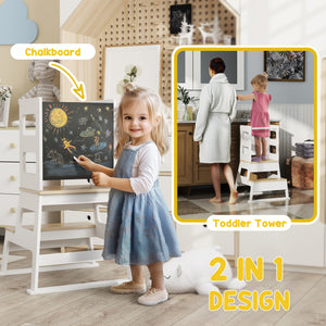 Tour de cuisine 2 en 1 pour tout-petits avec tableau noir et rail de sécurité, blanc