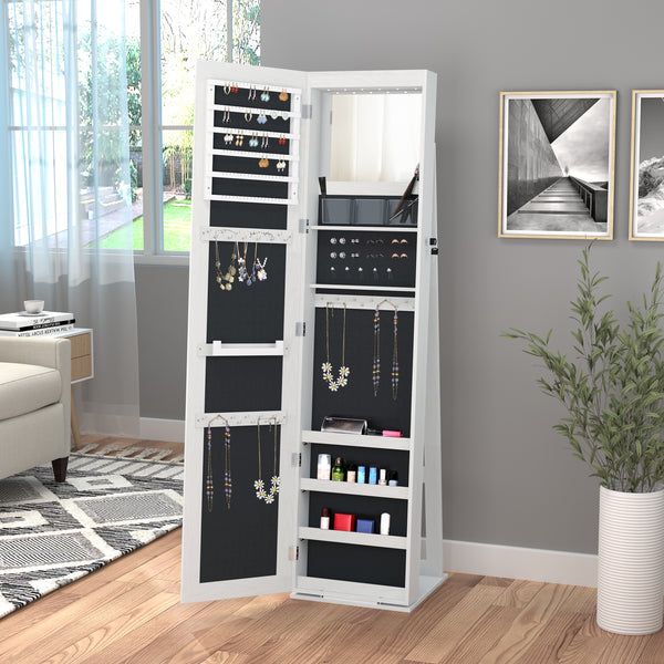 Armoire à bijoux avec miroir verrouillable avec éclairage LED, bois blanc