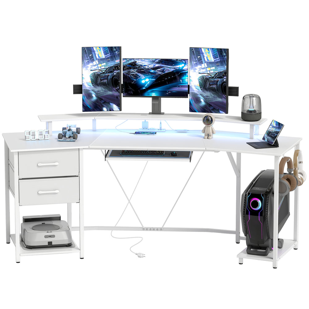 79 inch Gaming Desk with RGB Lights, Computer Table with Power Outlets & USB Ports, Keyboard Tray and 2 Drawers, White