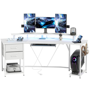 79 inch Gaming Desk with RGB Lights, Computer Table with Power Outlets & USB Ports, Keyboard Tray and 2 Drawers, White
