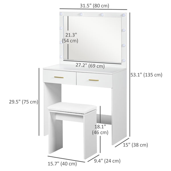 Coiffeuse avec tabouret, miroir à éclairage LED et tiroirs, blanc