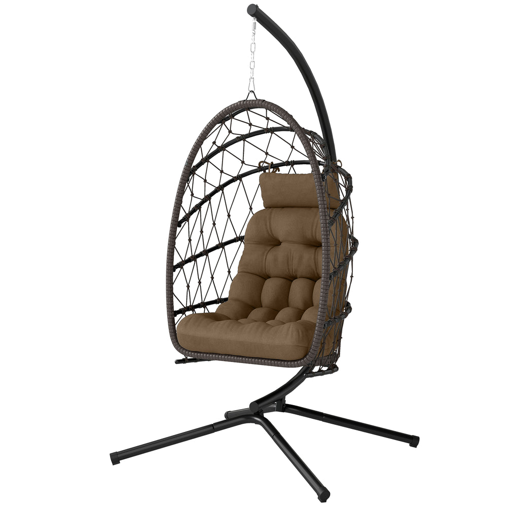 Suspended armchair with stand, in woven rattan with thick cushion and safety rope, brown