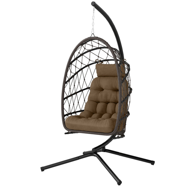 Fauteuil suspendu avec support, en rotin tressé avec coussin épais et corde de sécurité, marron
