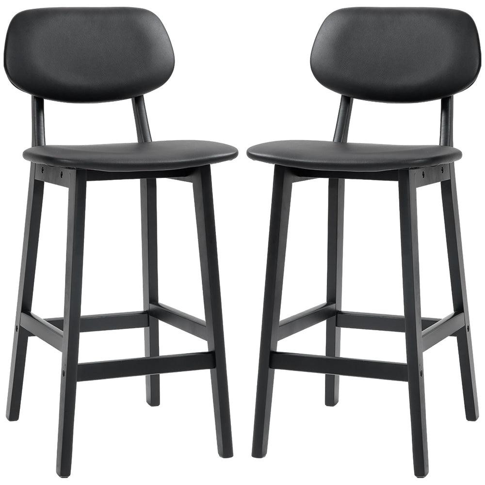 Set of 2 faux leather bar stools with solid wood legs, black