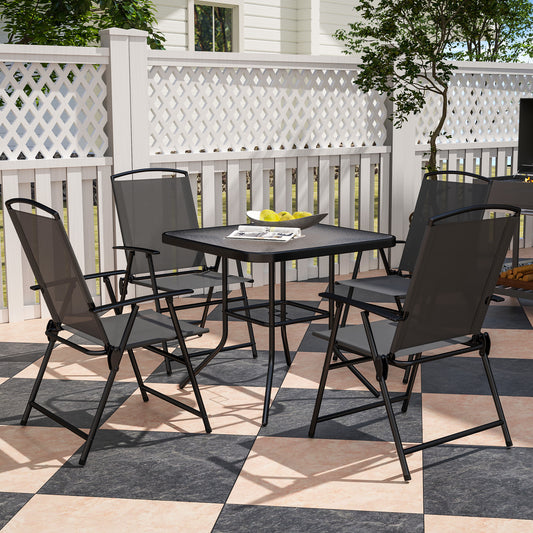 Ensemble de salle à manger d'extérieur Outsunny 5 pièces avec table en verre et 4 chaises pliantes en filet, petit mobilier de jardin, gris