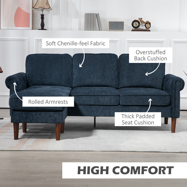 Canapé d'angle moderne avec méridienne amovible, pieds en bois, bleu foncé