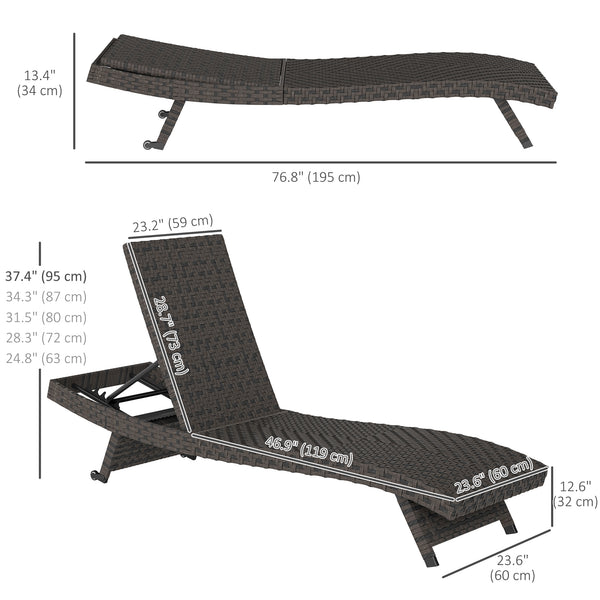 Chaise longue pliante d'extérieur en rotin inclinable avec dossier réglable sur 5 niveaux et roulettes, marron mélangé