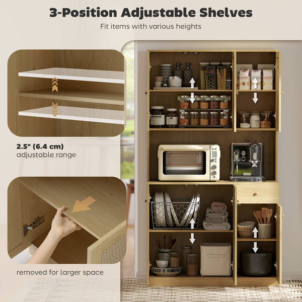 Buffet de cuisine avec plan de travail pour micro-ondes style bohème, avec portes décoratives en rotin, couleur naturelle