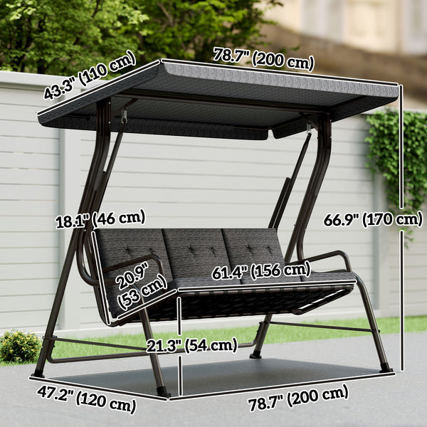 3-Person Porch Swing Chair, Patio Swing Bench with Adjustable Canopy, Removable Thicken Cushion and Weather Resistant Steel Frame for Outdoor, Garden, Poolside, Grey