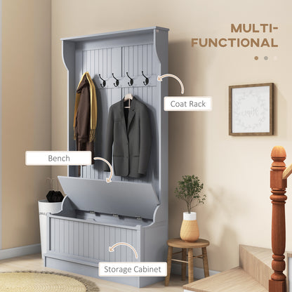 Meuble d'entrée moderne 3 en 1 avec porte-manteau, banc et rangement à chaussures, 5 crochets pour couloir et salon, gris