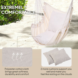 Hanging macrame cotton hammock with two soft cushions, cream white