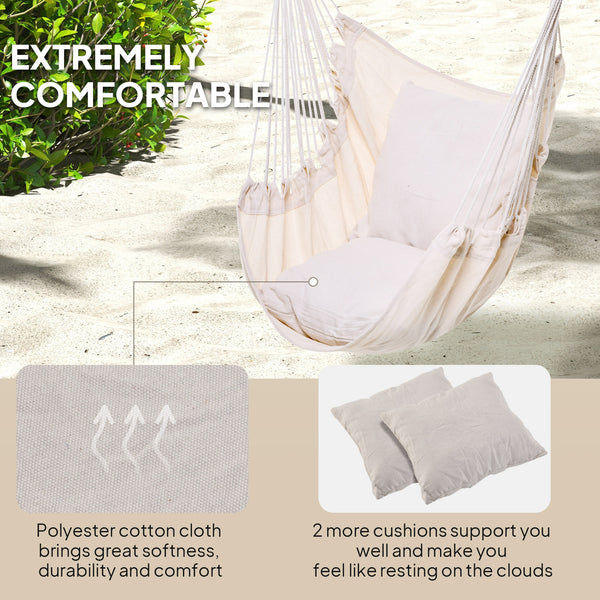 Hanging macrame cotton hammock with two soft cushions, cream white