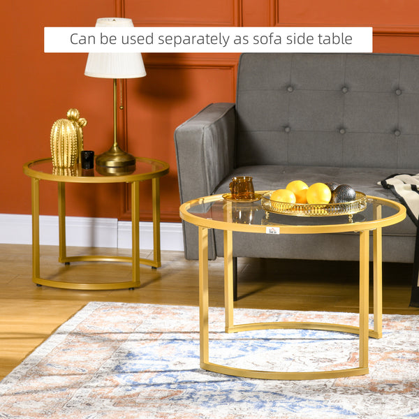 Lot de 2 tables basses rondes modernes avec plateau en verre trempé dorées