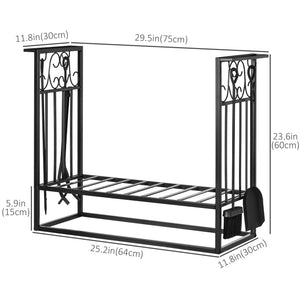 Support à bois de chauffage avec 4 outils pour foyer et base surélevée – Noir