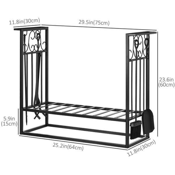 Support à bois de chauffage avec 4 outils pour foyer et base surélevée – Noir