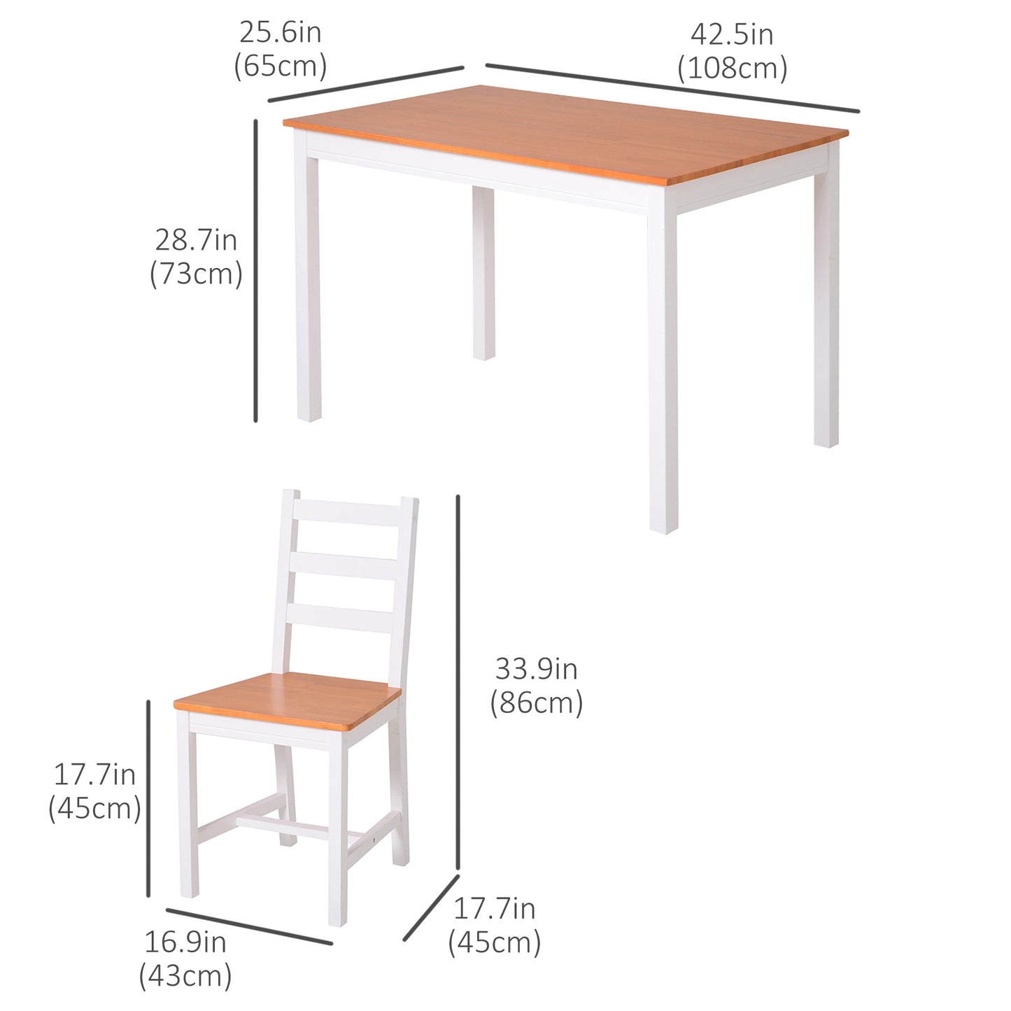 4 Person Pine Dining Set with High Back Chairs, White and Natural Wood