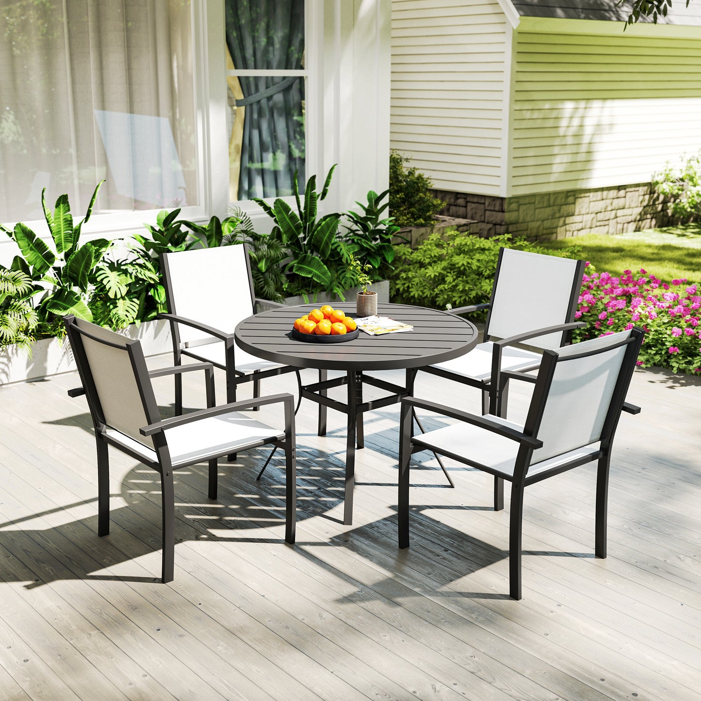 Outsunny 5 Piece Outdoor Dining Set with Round Table and 4 Stackable Chairs, for Garden, Lawn, Patio, Balcony and Poolside