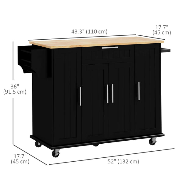 Desserte de cuisine moderne à roulettes avec tiroirs, plateau en bois naturel, porte-serviettes, armoire de rangement à porte, noir