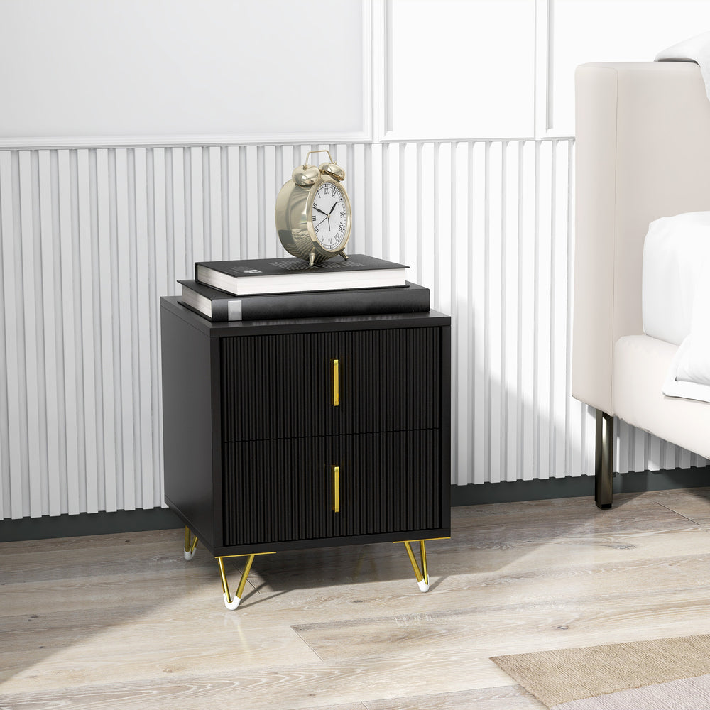 Table de chevet moderne avec 2 tiroirs et pieds en métal, noir