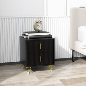 Table de chevet moderne avec 2 tiroirs et pieds en métal, noir