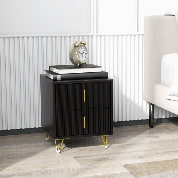 Table de chevet moderne avec 2 tiroirs et pieds en métal, noir
