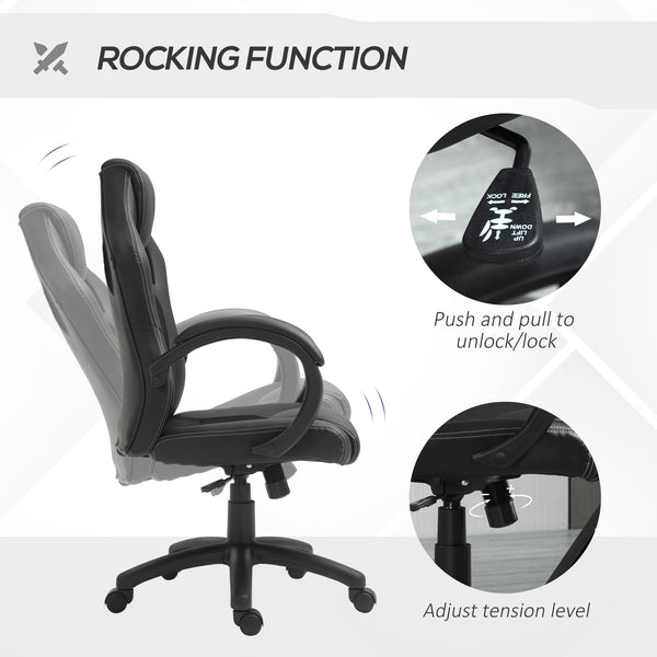 Chaise de bureau gaming Racing avec roulettes pivotantes, appui-tête rembourré et fonction inclinable, noire