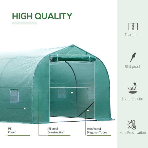 Tunnel greenhouse with 12 windows, easy to assemble, steel frame, green