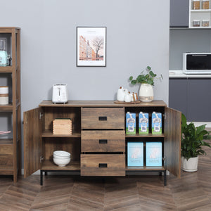 Industrial sideboard with 2 doors, 3 drawers, and shelves, brown.