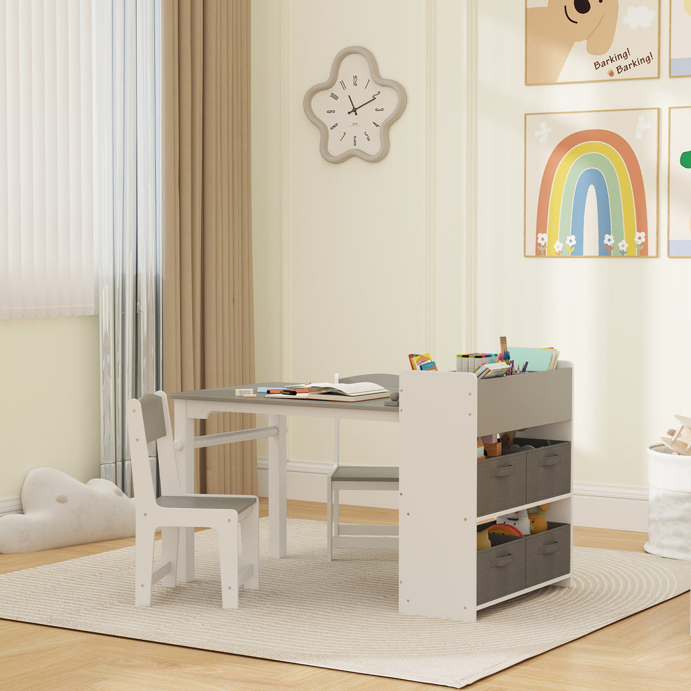 Ensemble table et chaises pour enfants avec étagères de rangement et tiroirs, gris