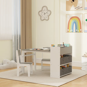 Ensemble table et chaises pour enfants avec étagères de rangement et tiroirs, gris